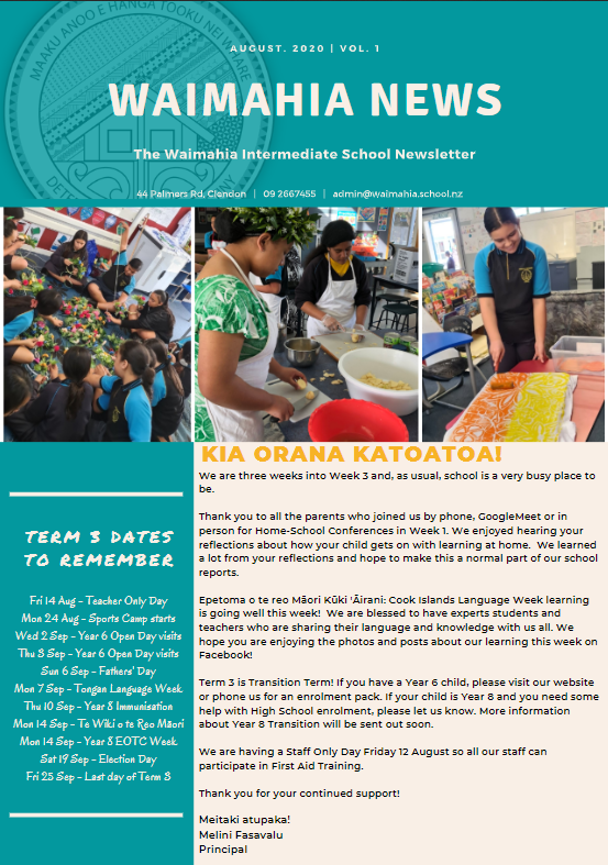 Waimahia News – August 2020 Newsletter – Waimahia Intermediate School